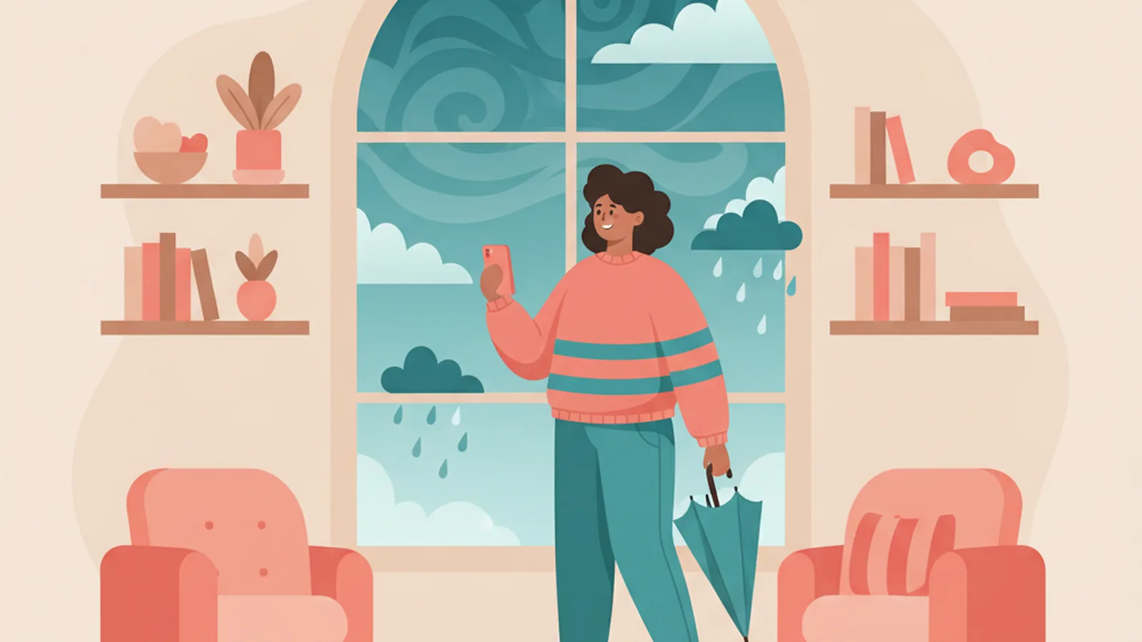 Illustration of a person looking at dark clouds through a window, suggesting evidence now for a rain prediction.