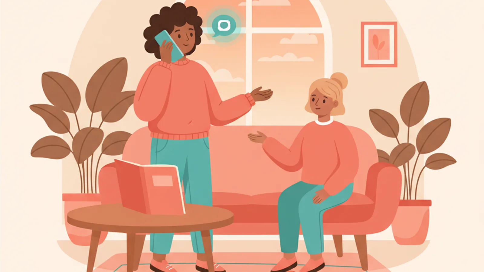 Illustration of a person answering a ringing phone and helping, representing a decision now/offer with will.